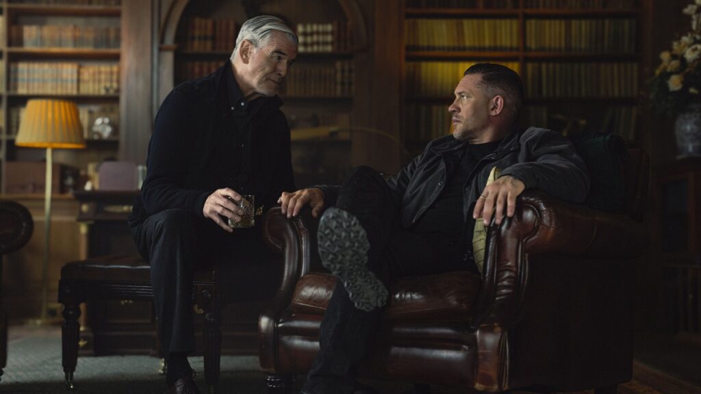 Pierce Brosnan and Tom Hardy in a scene from "MobLand"