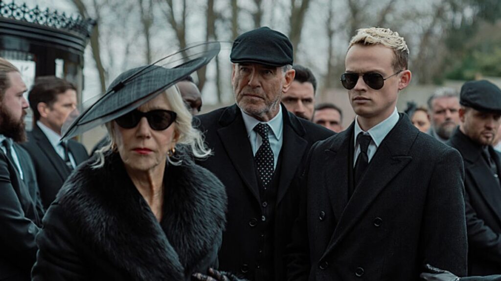 Helen Mirren and Pierce Brosnan in a scene from "MobLand"
