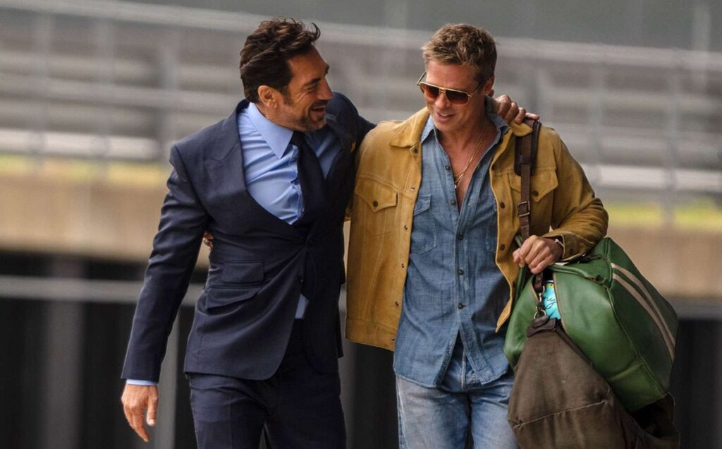 Javier Bardem and Brad Pitt in a scene from "F1"