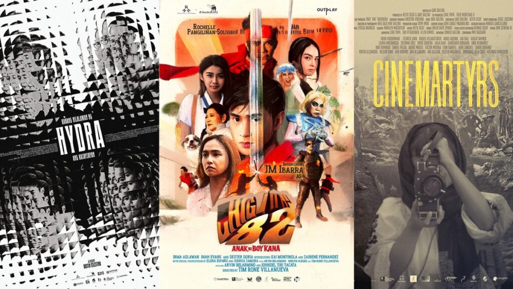 Official posters of Cinemalaya 2025 films, from left to right, "Habang Nilalamon ng Hydra ang Kasaysayan," "Child No. 82," and "Cinemartyrs.