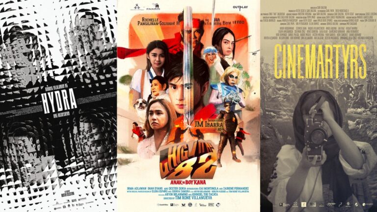 Official posters of Cinemalaya 2025 films, from left to right, "Habang Nilalamon ng Hydra ang Kasaysayan," "Child No. 82," and "Cinemartyrs.