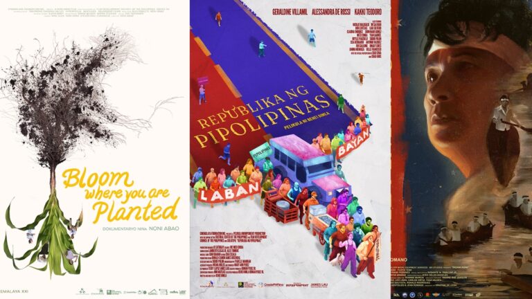 Official posters of Cinemalaya 2025 films, from left to right, "Bloom Where You Are Planted," "Republika ng Pipolipinas," and "Padamlagan."
