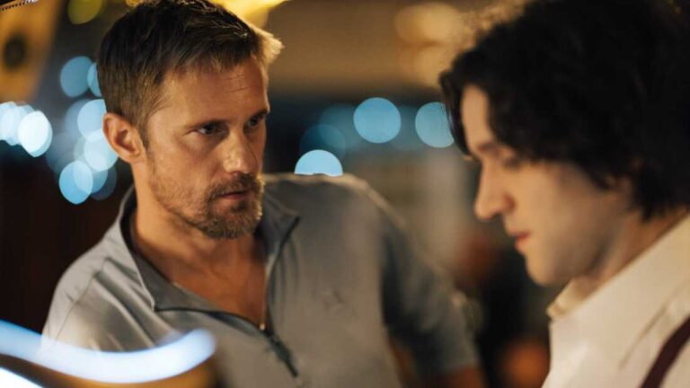 Alexander Skarsgård and Harry Melling in a scene from “Pillion”