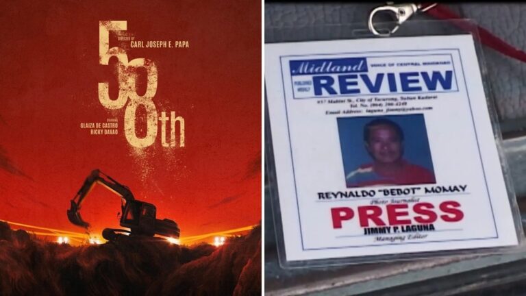 Official poster of the film "58th" and the recovered media pass of Reynaldo "Bebot" Momay, the titular 58th victim of the 2009 Maguindanao massacre.