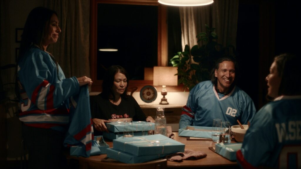 Carmen Moore, Michelle Thrush, Michael Greyeyes, and Alex Rice in a scene from 'Meadowlarks'.