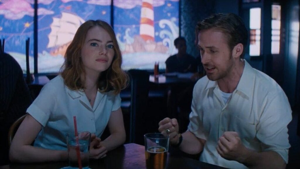 Emma Stone and Ryan Gosling in a scene from “La La Land.”
