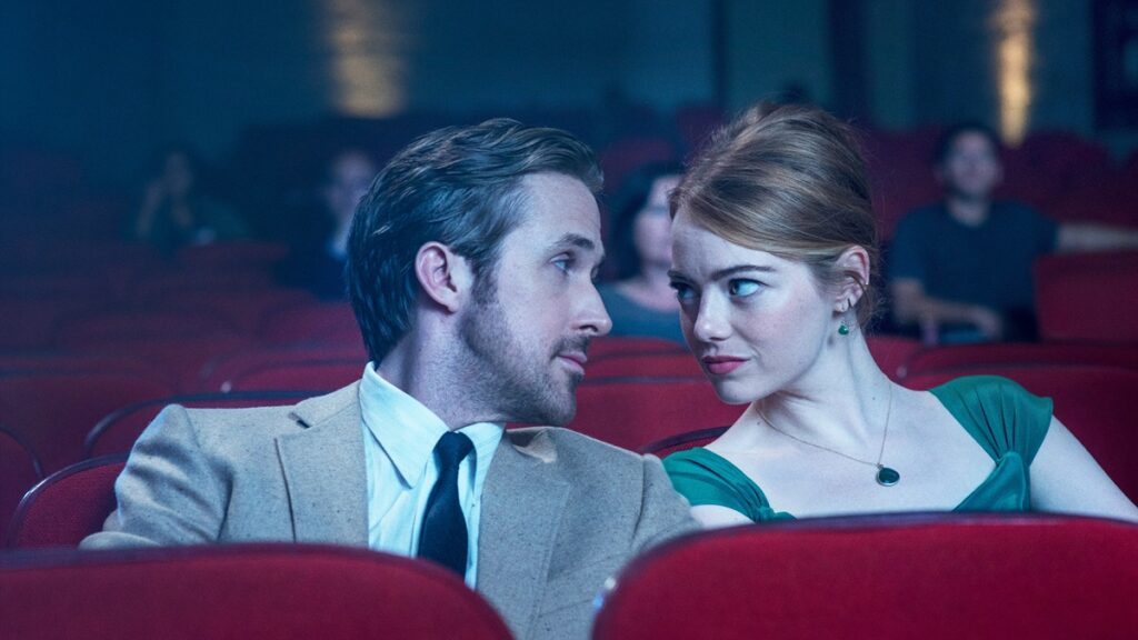 Ryan Gosling and Emma Stone in a scene from “La La Land.”